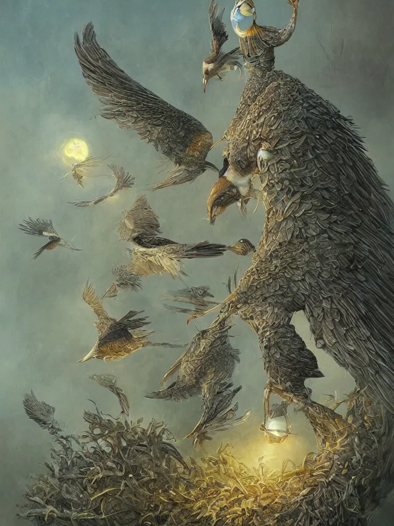 Image similar to a painting of a person with bird traits, a detailed painting by Andrew Ferez, cgsociety, fantasy art, biomorphic, mystical, whimsical