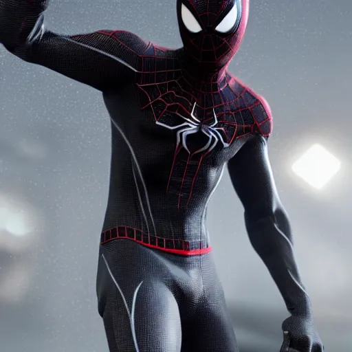 Prompt: black spider - man suit with white web lining, cinematic, volumetric lighting, realistic, hyperdetailed, photorealistic, photograph