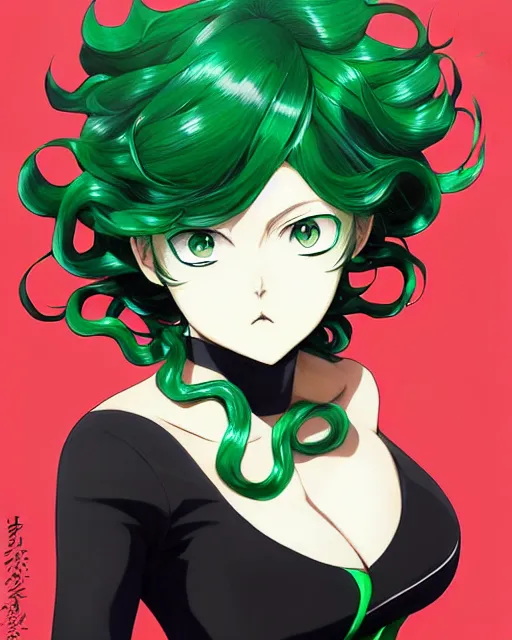 Image similar to tatsumaki from one punch man, green wavy hair, black dress, fine details, sharp focus, intricate, realistic shaded perfect face, by cushart krenz makoto shinkai artgerm ilya kuvshinov rossdraws