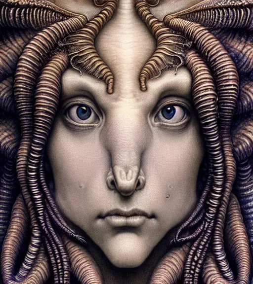 Image similar to detailed realistic beautiful seahorse goddess face portrait by jean delville, gustave dore, iris van herpen and marco mazzoni, art forms of nature by ernst haeckel, art nouveau, symbolist, visionary, gothic, neo - gothic, pre - raphaelite, fractal lace, intricate alien botanicals, ai biodiversity, surreality, hyperdetailed ultrasharp octane render