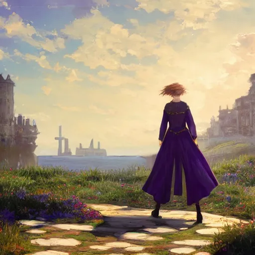 Prompt: over the shoulder landscape painting of violet evergarden, behind her is a distant old european city leiden from violet evergarden next to the reflecting ocean, ocean, sunshine, fantasy, intricate, elegant, highly detailed, digital painting, artstation, blender, unreal engine 5, octane render, smooth, sharp focus, illustration, by Anton Fadeev and Philipp A. Urlich and Pengzhen Zhang and Andreas Rocha
