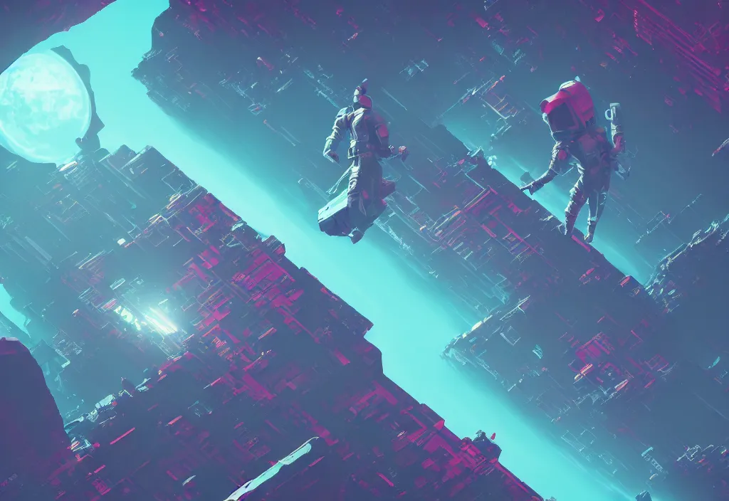 Image similar to isometric astronaut bloodborne no mans sky character, vaporwave, cinematic lighting, 4 k