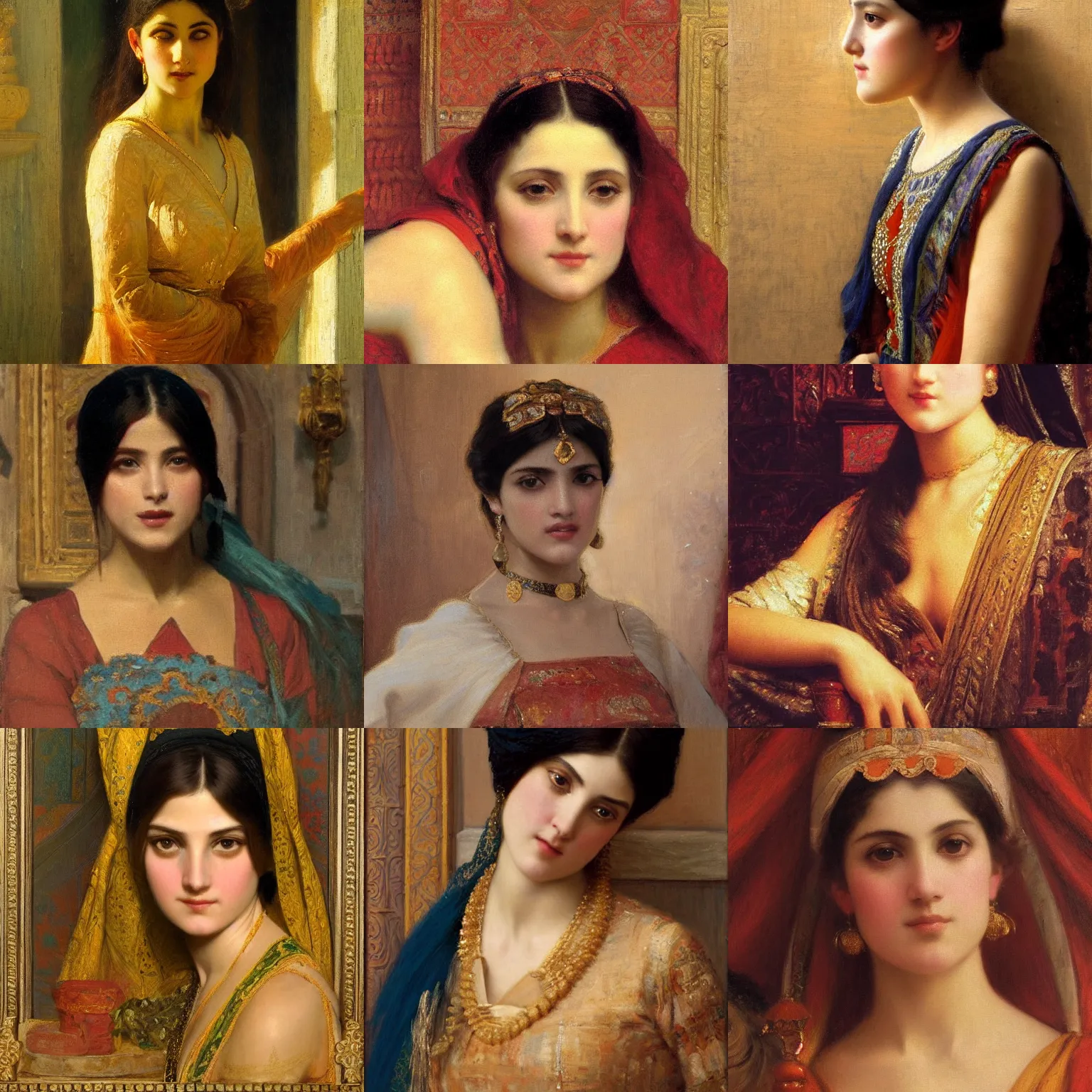Prompt: orientalism painting of a cute woman in a palace face detail by edwin longsden long and theodore ralli and nasreddine dinet and adam styka, masterful intricate art. oil on canvas, excellent lighting, high detail 8 k
