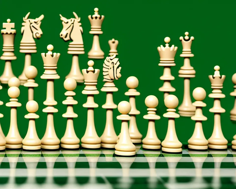 Image similar to a modern, ornate chess set on a green background. pop art, detailed, proportional, romantic, enchanting