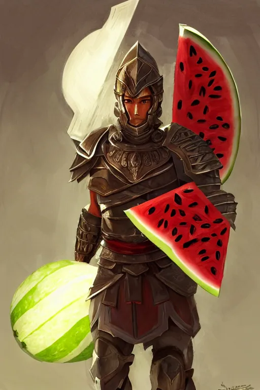 Image similar to a spartan king with a watermelon as shield, intricate, headshot, key visual, conceptart, ambient lighting, highly detailed, digital painting, artstation, concept art, sharp focus, by makoto shinkai and akihiko yoshida and greg manchess