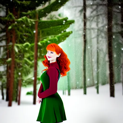 Image similar to redhead women in a green dress, with pockets, photorealistic, winter scenario