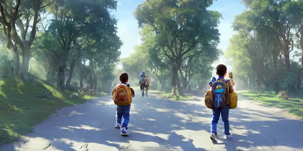 Prompt: a young boy wearing a back pack on his way to school in a friendly suburban street with trees and blue sunny sky, highly detailed, extremely real, no faces, digital painting, artstation, concept art, sharp focus, illustration, vivid bright colors, d & d, fantasy, hearthstone, art by artgerm and greg rutkowski and alphonse mucha