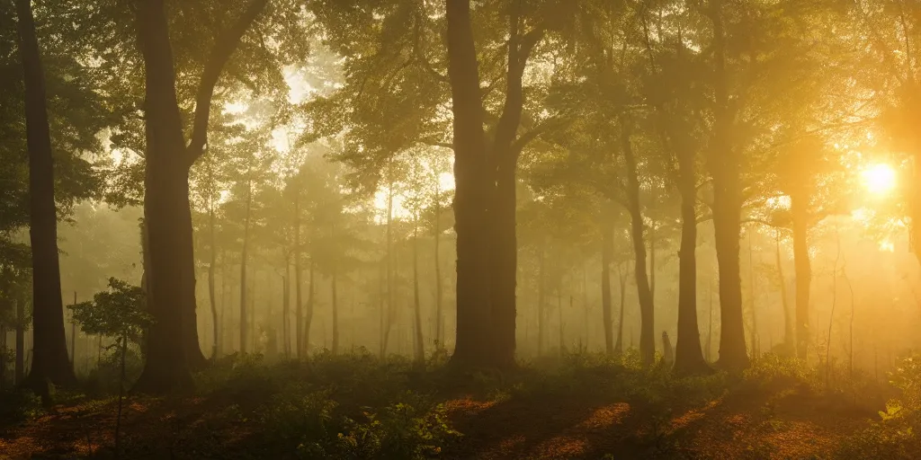 Prompt: a hazy forest with huge oak trees at sunrise in the style of Firewatch, low angle