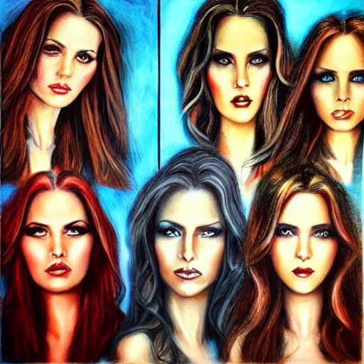 Image similar to “ five identical pretty women side by side, hyper realistic, in the style of julie bell ”