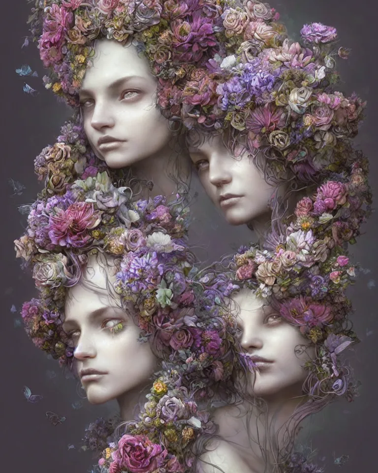 Image similar to a sculpture of interlaced gorgeous etherial females, made of mist, made of flowers, a digital painting by Andrew Ferez, Charlie Bowater, Marco Mazzoni, Seb McKinnon, Ryohei Hase, trending on cgsociety, featured on zbrush central, new sculpture, mystical