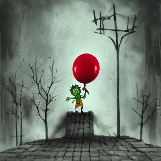 Prompt: grunge painting of a playground with a wide smile and a red balloon by tim burton, loony toons style, pennywise style, corpse bride style, rick and morty style, creepy lighting, horror theme, detailed, elegant, intricate, conceptual