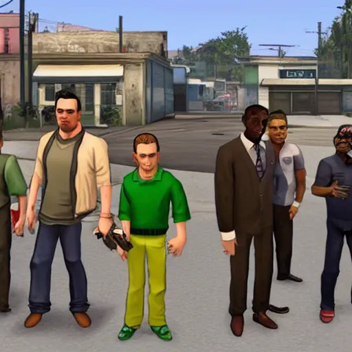 Prompt: all the gta characters meeting up in grove street