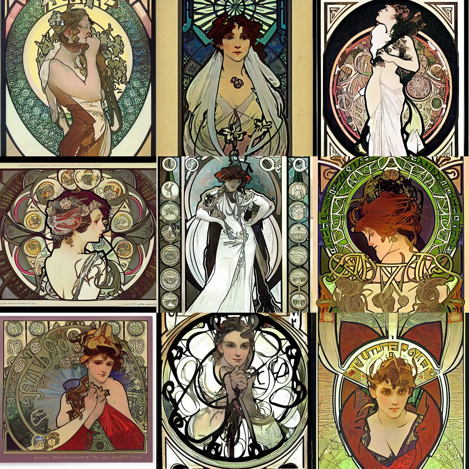 Prompt: x = √ 4 5 y + 1 2 5 z, by alphonse mucha