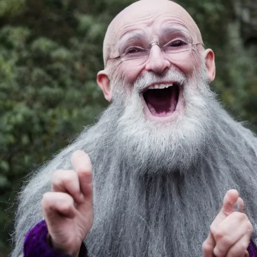 Image similar to an old bald mad wizard with bushy grey eyebrows, long grey hair and wearing a grey wizard hat, disheveled, wise old man, wearing a purple detailed coat, a bushy grey beard, sorcerer, he is yelling and laughing