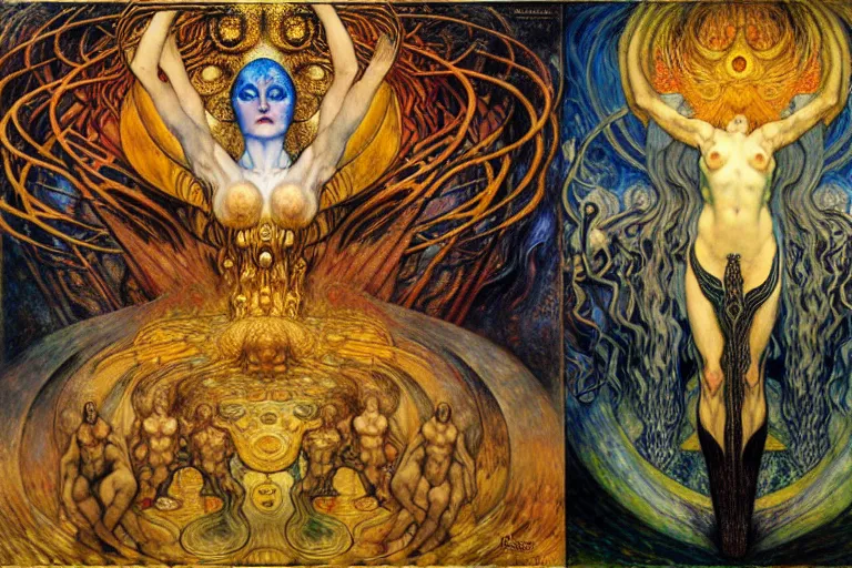 Image similar to Divine Chaos Engine by Karol Bak, Jean Delville, William Blake, Gustav Klimt, and Vincent Van Gogh, symbolist, visionary