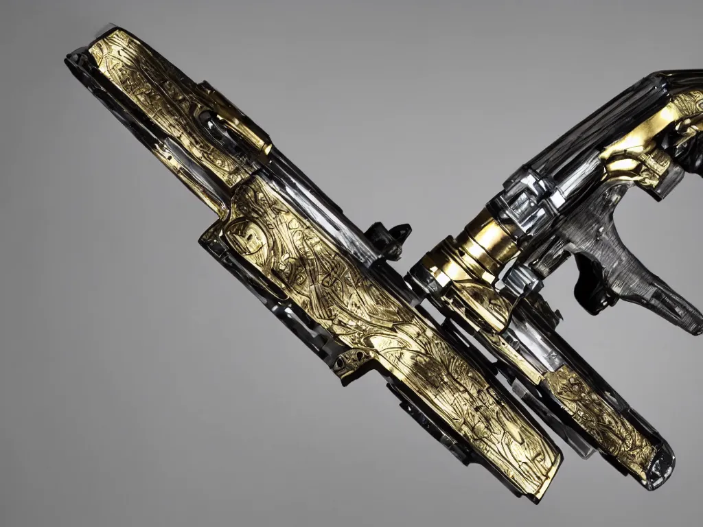 Image similar to intricate futuristic weapon made of brushed metal, chrome and carbon, gold linings