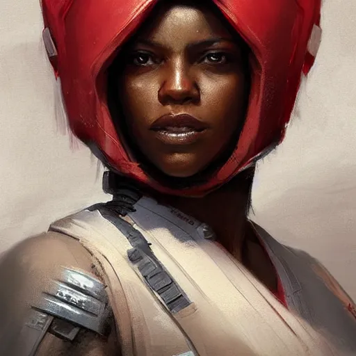 Image similar to portrait of a woman by greg rutkowski, a jedi knight, afroamerican, wearing a red and white tactical gear, star wars expanded universe, highly detailed portrait, she is about 3 0 years old, digital painting, artstation, concept art, smooth, sharp foccus ilustration, artstation hq