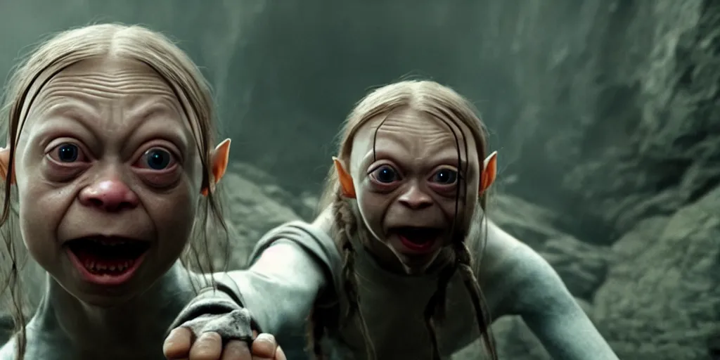 Image similar to greta thunberg as gollum, holding the ring up, inside a cave, fog, cinematic, still shot from the new lord of the rings movie