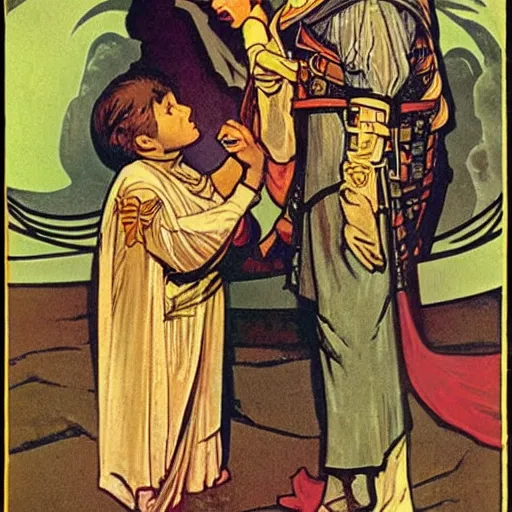 Image similar to baby gamorian guard being looked after by tom baker dr who, alphonse mucha