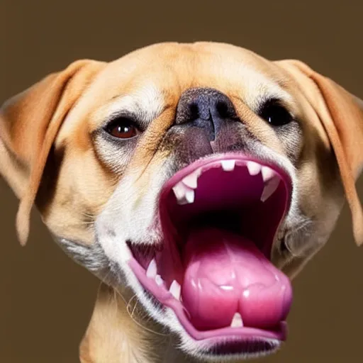 Image similar to a dog opening its mouth to reveal human teeth that are highly detailed, very very realistic human teeth