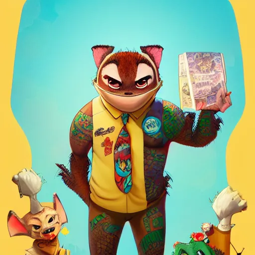 Image similar to in the style of artgerm, loish and ross tran, anthropomorphic alligator, symmetrical face, symmetrical eyes, red scales on his back, yellow scale on his belly and chest, male, waring a hawaiian shirt, in the style of zootopia