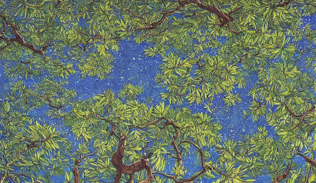 Prompt: looking up into a tree, close up, detailed by marianne north by moebius