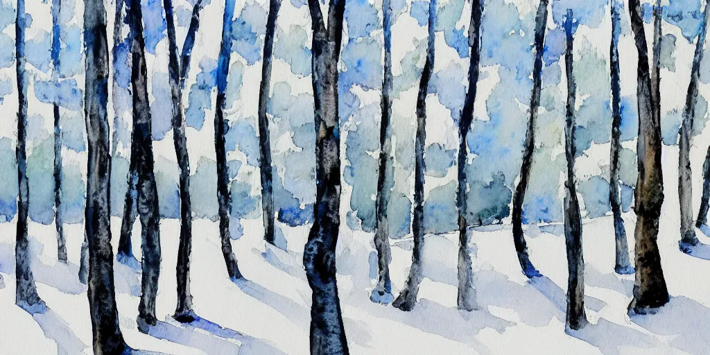 Prompt: a watercolor painting of trees in the snow by eero snellman, pixabay contest winner, modern european ink painting, watercolor, impressionism, painterly