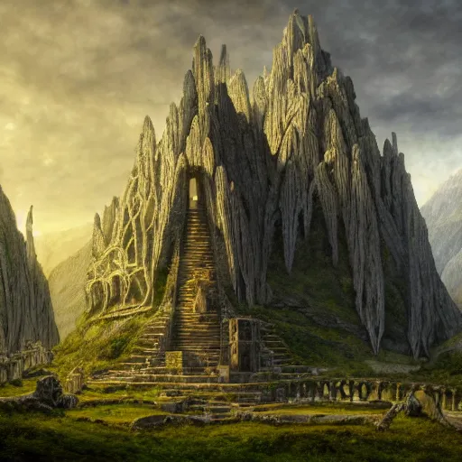 Image similar to a beautiful and highly detailed matte painting of an ancient celtic elven temple, epic scale, insanely complex, hyperdetailed, sharp focus, hyperrealism, artstation, cgsociety, 8 k, by caspar friedrich, albert bierstadt, james gurney, brian froud,