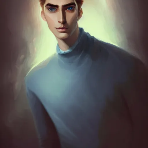 Image similar to tall man in his twenties with brown blond short quiff hair and round facial structure with cleft chin, straight eyebrows, cheekbones, lightly blue eyes, wide face, shadow of beard, atmospheric lighting, painted, intricate, 4 k, highly detailed by charlie bowater
