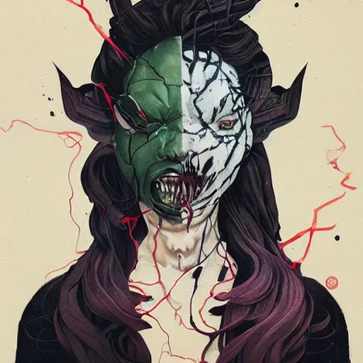 Image similar to The mix of Gorgon and Venom picture by Sachin Teng, asymmetrical, dark vibes, Realistic Painting , Organic painting, Matte Painting, geometric shapes, hard edges, graffiti, street art:2 by Sachin Teng:4