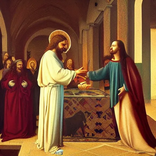 Image similar to jesus christ preaching to vladmir putin, photorealistic frame hanging on the wall, ultra-realistic in the colourful style of leonardo da vinci artstation hd oil painting and edward hooper, renaissance painting