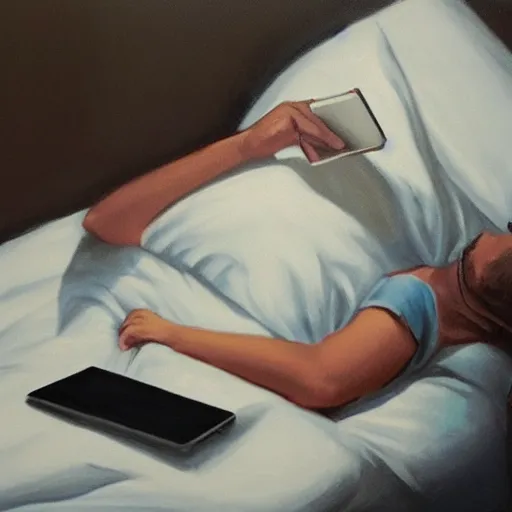 Image similar to laying in bed in the dark endlessly scrolling on your phone, painting, artist rendition