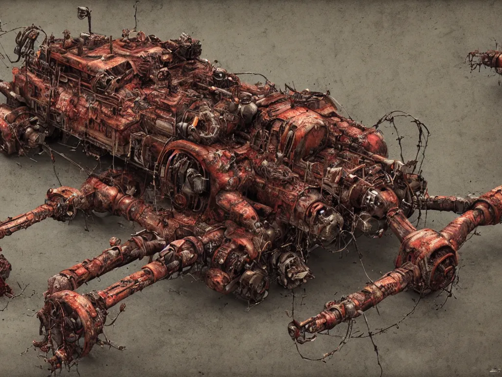 Prompt: Techno-biological rusty self-propelled artillery consisting of tumors, meat, veins, guts, kidneys, wires. Biopunk, body-horror, high detail, photorealism, full length view, very rust, concept art, octane render, 16k, 8k