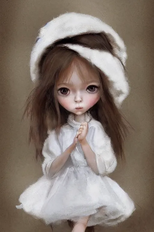 Prompt: cute doll like big eyed tiny girl doll with white dress and fuzzy hat by greg rutkowski