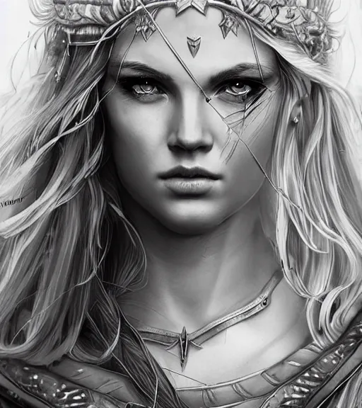 Image similar to portrait of very beautiful aphrodite goddess as an archer, arrow, beautiful piercing eyes, flowing blonde hair, realistic face, black and white drawing, in the style of greg rutkowski, fantasy, amazing detail, epic, intricate, elegant, smooth, sharp focus