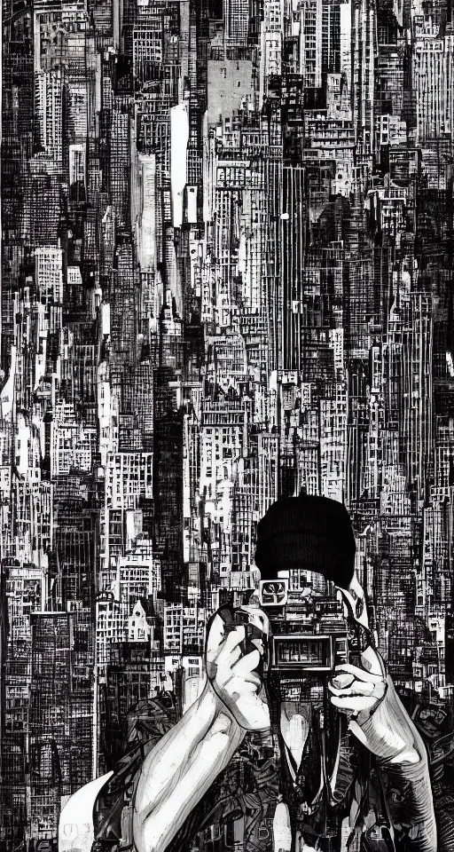 Image similar to cypherpunk fashion illustration, camera face, city street background with high tall buildings, central park, abstract landscape, diane arbus, highly detailed, finely detailed, shadows realism