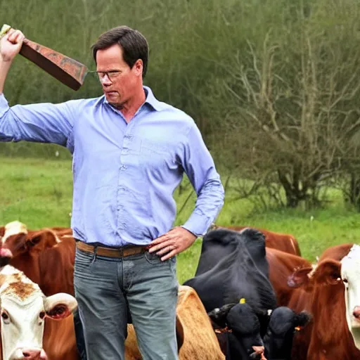 Image similar to mark rutte wielding an axe hitting cows, on farmland