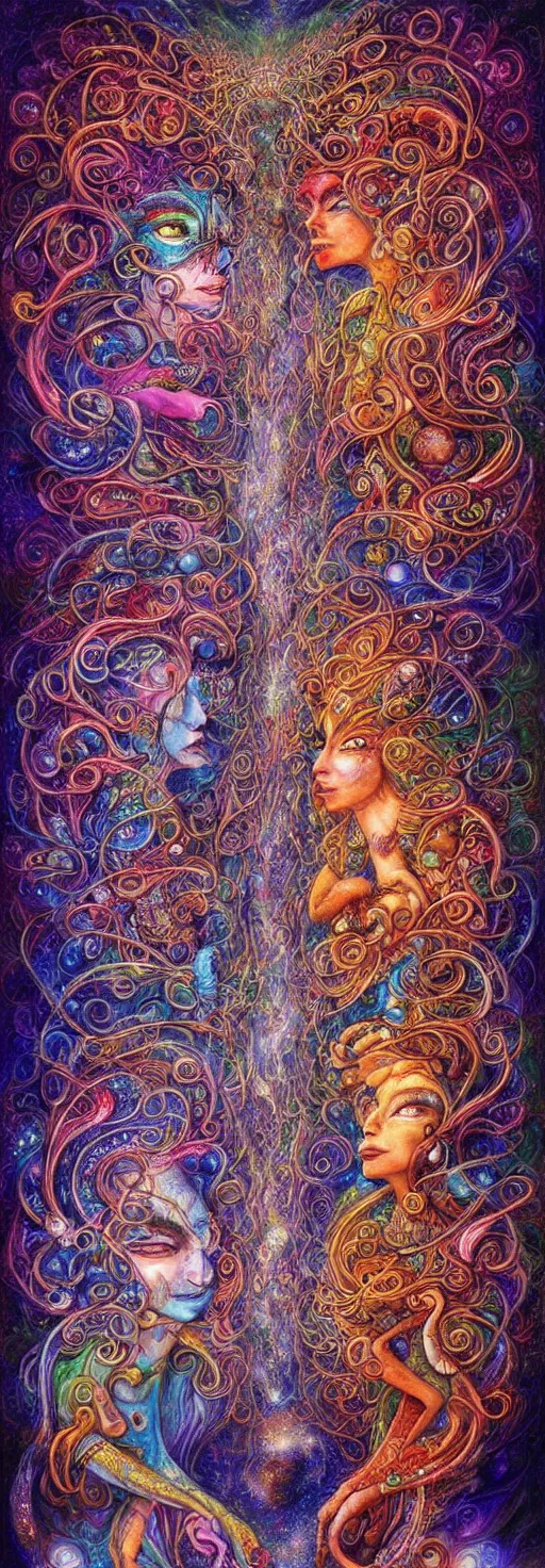 Image similar to two psychedelic shamans intertwined in a cosmic entanglement by Josephine Wall and Daniel Merriam, Artstation