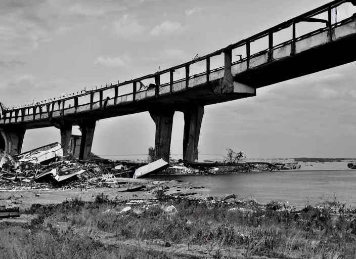 Image similar to grainy photo of the remains of an enormous destroyed freeway bridge on the new york coast after the apocalypse