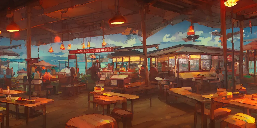 Prompt: interior of a kopitiam at pulau indah fishing village, near a jetty, early morning, detailed matte painting, low angle view, telephoto lens, bokeh, studio ghibli, artstation