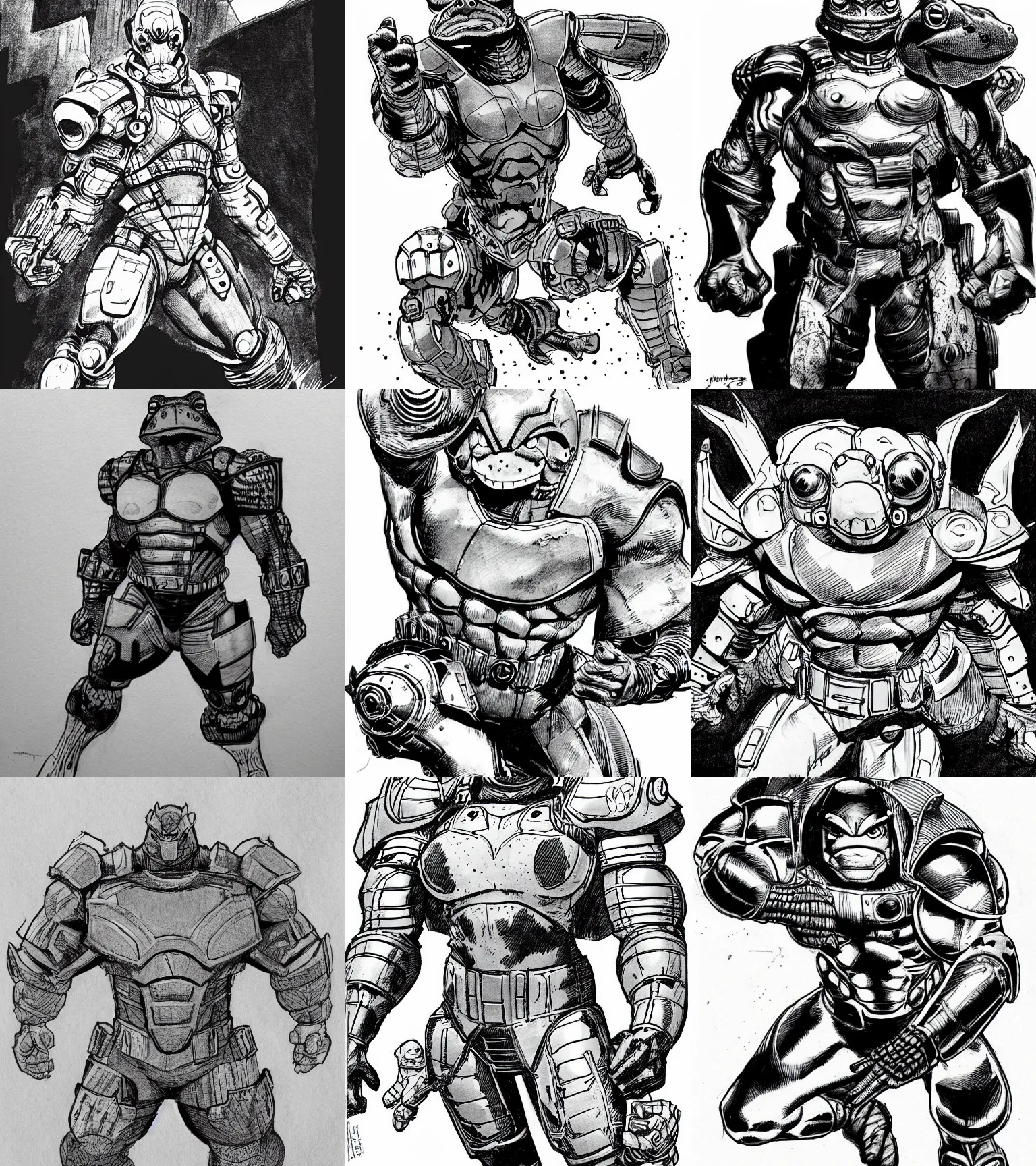 Prompt: toad animal!!! jim lee!!! medium shot!! flat grayscale ink sketch by jim lee close up in the style of jim lee, cyborg! armored! hunter hulk toad animal looks at the camera by jim lee