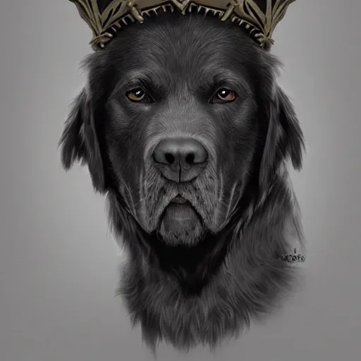 Prompt: cinematic portrait of brutal epic dark dog with crown, concept art, artstation, glowing lights, highly detailed