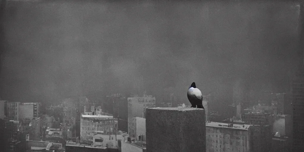 Image similar to detailed medium format photo, polaroid still from tarkovsky movie, giant pigeon sitting on a newy york building rooftop, haze, high production value, intricate details, 8 k resolution, hyperrealistic, hdr, photorealistic, high definition, tehnicolor, award - winning photography, masterpiece, amazing colors