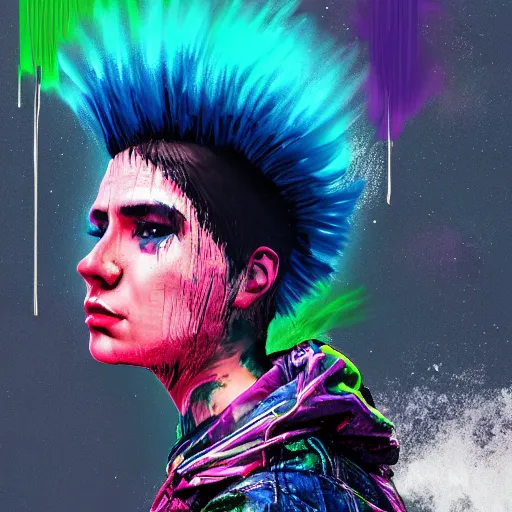 Image similar to splashes of neon clouds, mowhawk, punk women portrait made out of paint with rain in the background, trending on artstation, epic composition, emotional, beautiful, rendered in octane, highly detailed, realistic, comic book art, sharp focus, matte painting, unreal engine