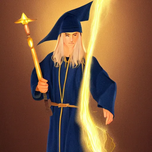Image similar to A young well kept shaved sorcerer with a blonde ponytail in a navy blue robe with gold accents, he holds a magical staff of light with a bright crystal, medieval fantasy, digital art, trending on artstation