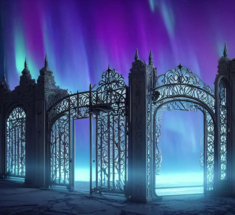 Prompt: a very detailed concept art of intricate gates to aurora borealis, trending on artstation, symmetry, digital art, 4 k, hyper realistic, octane render, sharp focus