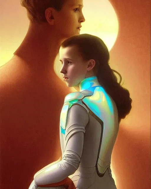 Image similar to a portrait painting of a shy, blushing 1 6 - year old alicia vikander or millie bobby brown, backlit, wearing a futuristic translucent iridescent plastic space suit with a space helmet, elegant, highly detailed, artstation, concept art, by krenz cushart and donato giancola and william adolph bouguereau and alphonse mucha