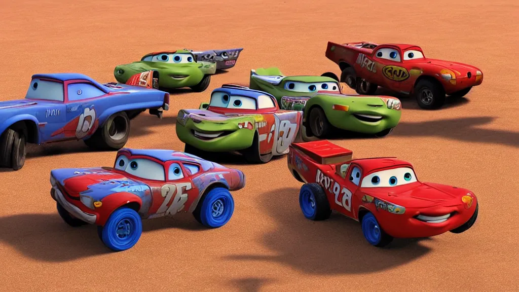 Image similar to pixar cars movie with mad max vehicles