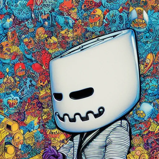 Image similar to portrait of crazy marshmello, symmetrical, by yoichi hatakenaka, masamune shirow, josan gonzales and dan mumford, ayami kojima, takato yamamoto, barclay shaw, karol bak, yukito kishiro