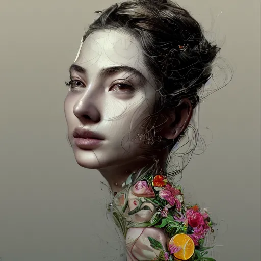 Image similar to the portrait of an absurdly beautiful, graceful, elegant, sophisticated, young perky woman made up of lemons, an ultrafine hyperdetailed illustration by kim jung gi, irakli nadar, intricate linework, bright colors, octopath traveler, final fantasy, unreal engine 5 highly rendered, global illumination, radiant light, detailed and intricate environment